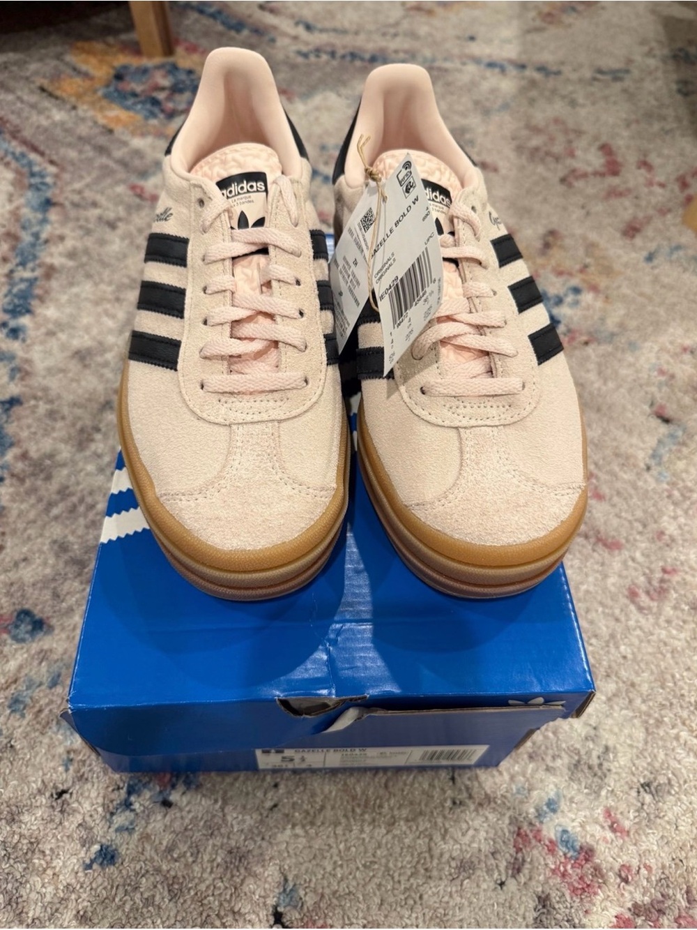 adidas Women’s Pale Pink Suede Sneakers with Black Stripes and Gum Sole